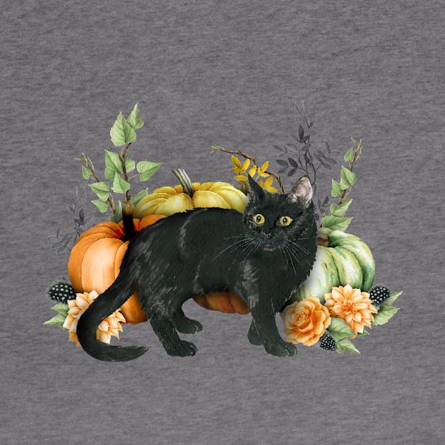 Black Cat Halloween Pumpkin Watercolor by ColorFlowCreations